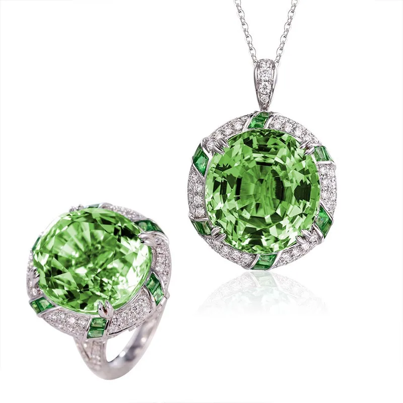 2023 New Luxury Olivine Olive Green Stone Pendant Necklaces Rings Silver Color Fine Fashion Weddings Jewelry Sets For Women