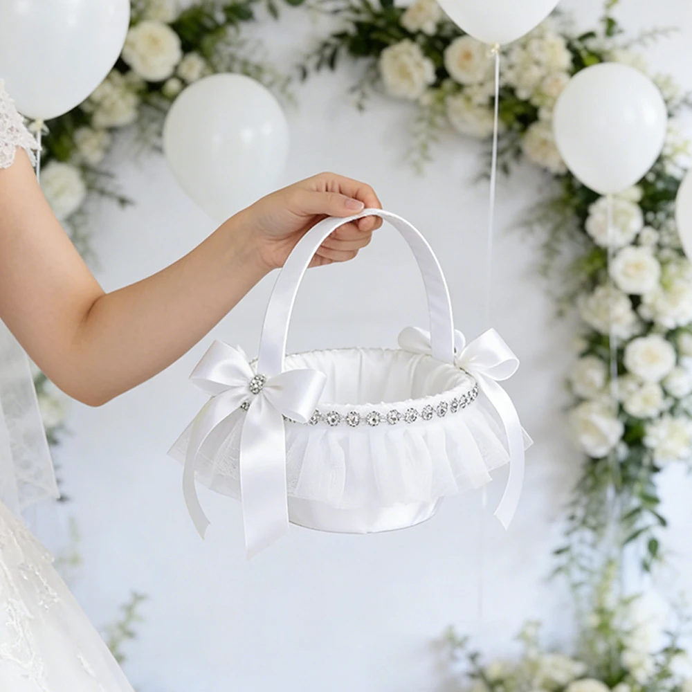 Elegant White Lace Wedding Flower Girl Basket with Rhinestones & Satin Bows, Bridal Shower & Wedding Ceremony Decor