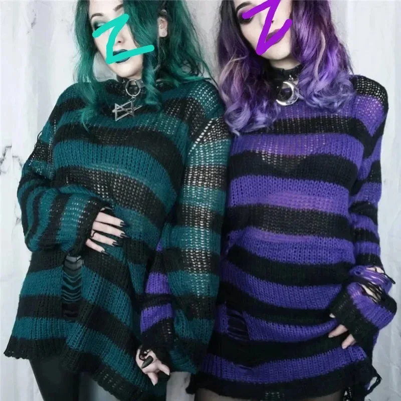 Jesień Nowy Sweter Punk Gothic Kobiety Oversized Pullovers Striped Cool Hollow Out Hole Broken Harajuku Estetyka Sweter