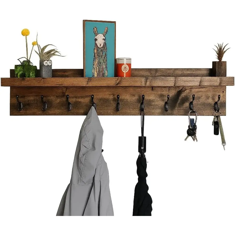 

Wall-Mounted Entryway Organizer with Hooks and Shelves, Adjustable Length