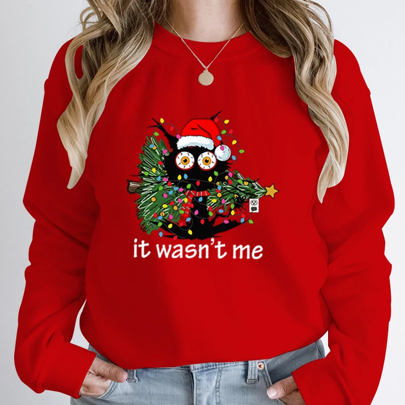 Christmas Tree Cat It Wasn\'t Me Print Pullovers Round Neck Tops Women Hoodless Sweatshirts Long-sleeved Autumn Winter Sweatshirt