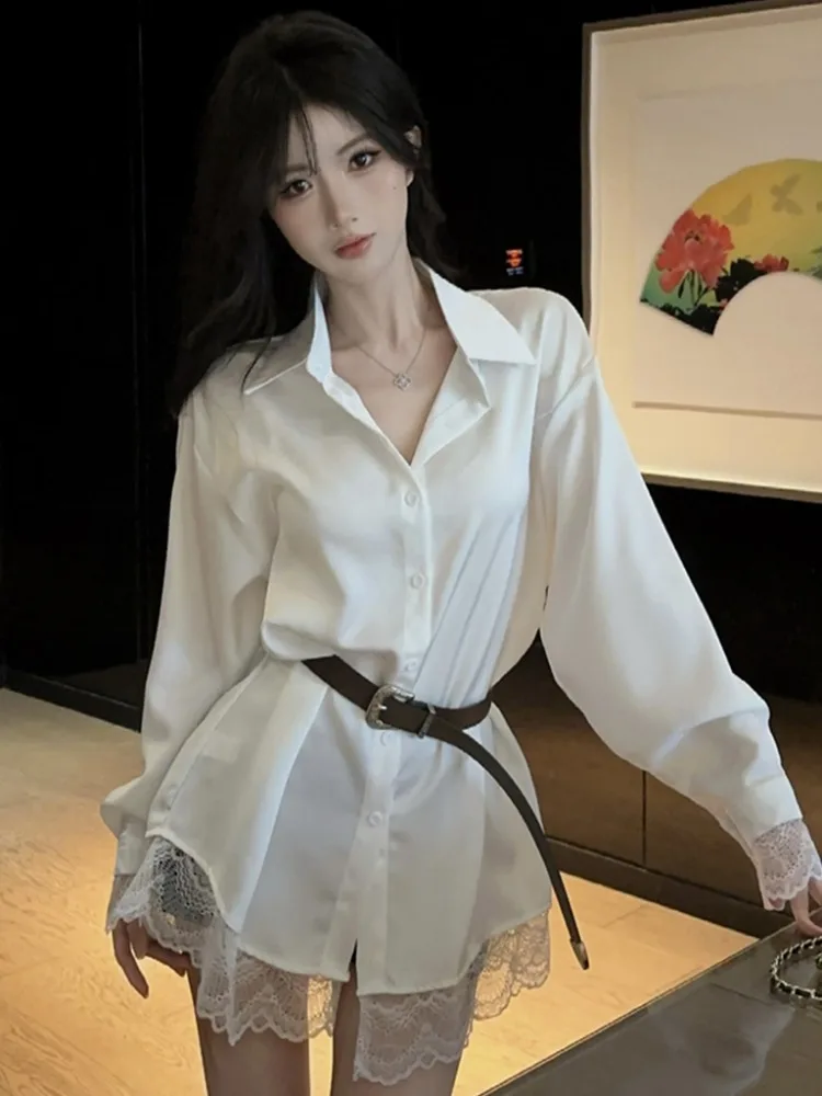 

Lace Trimmed Collar Long Sleeve Women's Shirt Loose Slimming Spring Autumn Medium Length with Belt Casual Korean Style