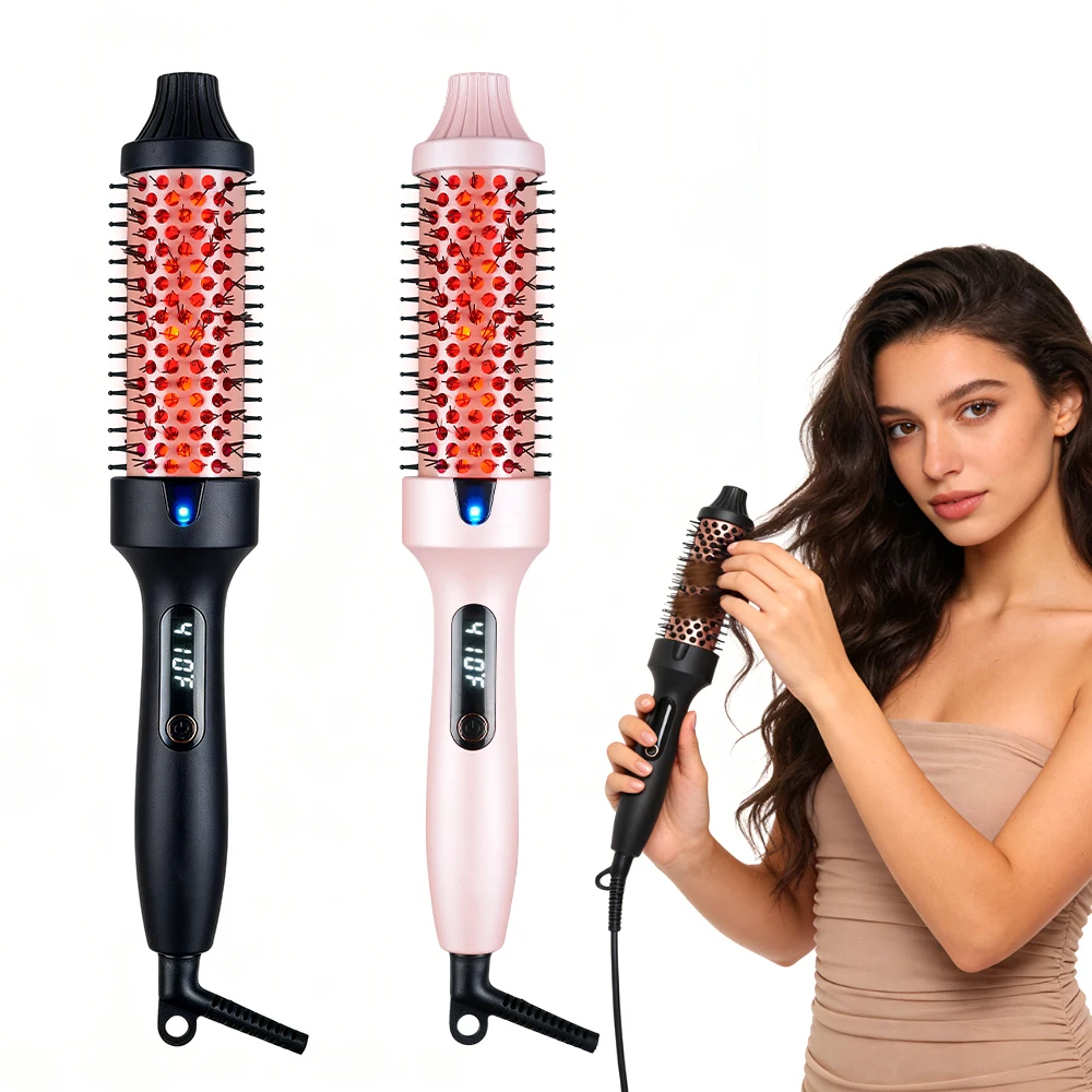 Portable Infrared Heated Hair Styling Brush with Digital Display, Electric Round Comb for Volume & Shine, Salon Hot Brush Tool