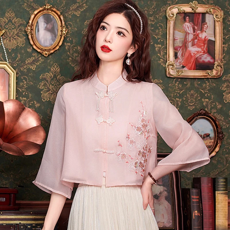 Chinese Style Beading Embroidery Chiffon Shirt Women Tops Blouse Blusas Mujer De Moda 2024 Verano Flare Sleeve Women Shirt H575