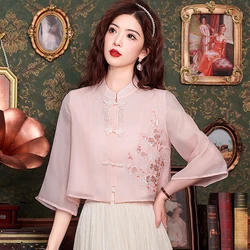 Chińska szyfonowa koszula z haftem w chińskim stylu Bluzka damska Blusas Mujer De Moda 2024 Verano Flare Sleeve Koszula damska H575