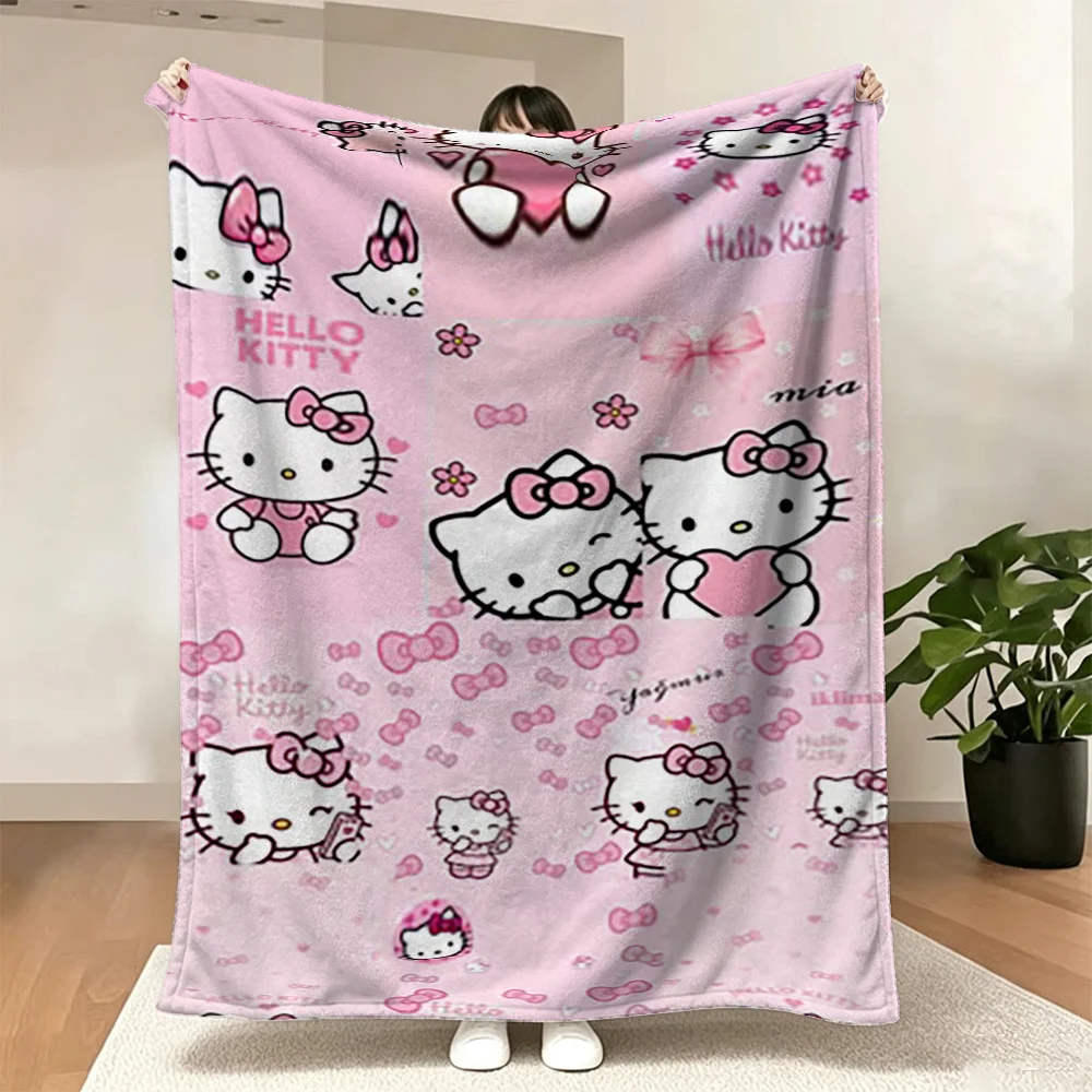 Soft Hello Kitty Throw Blanket Pink Cartoon Cat Bowknot Pattern Cozy Blanket for Girls Kids Sofa Bed Living Room Home Decor