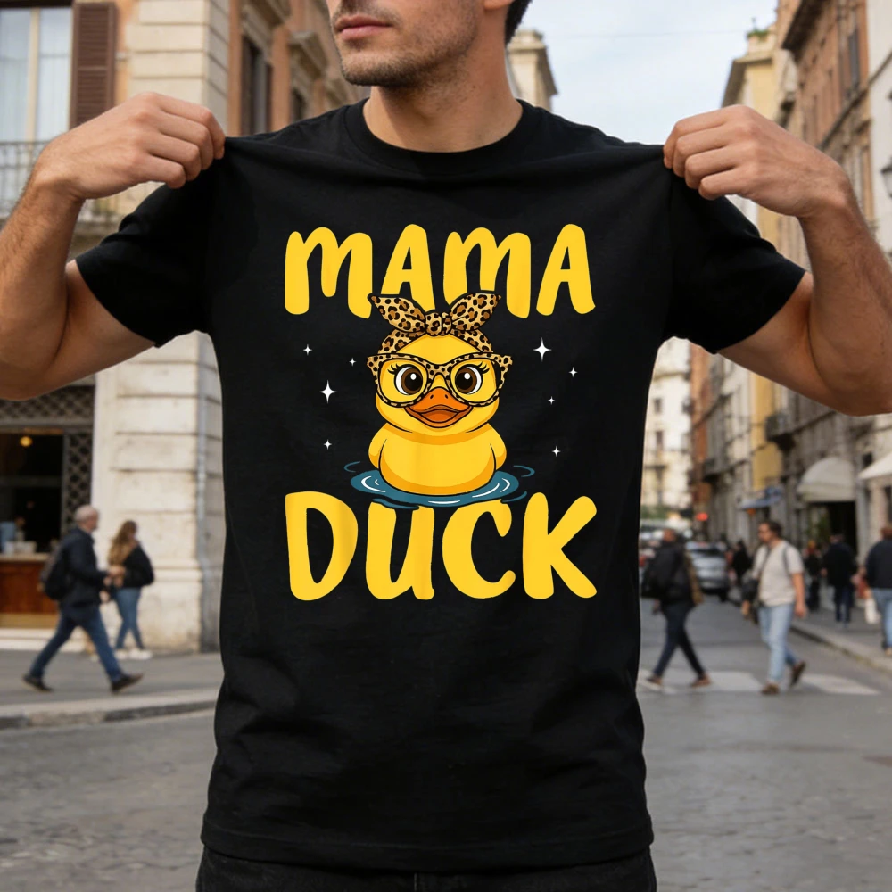 Mama Duck Leopard Print Glasses Graphic Shirt Women Summer Cotton Short Sleeve Mom Life Family Matching Casual Daily Life Outfit