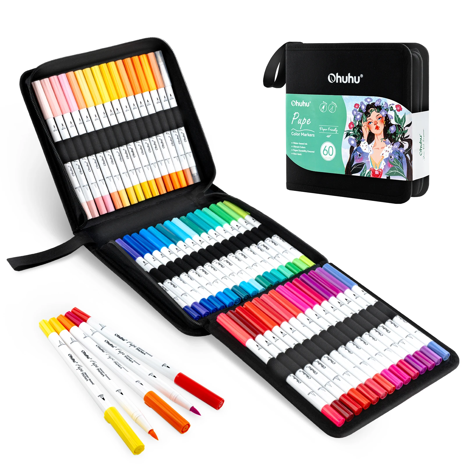 Ohuhu Markers Papiervriendelijke kleurmarkeringen op waterbasis Dual Brush Fineliner Tips Markers Kleurboeken Kunstmarkeringen Beginner