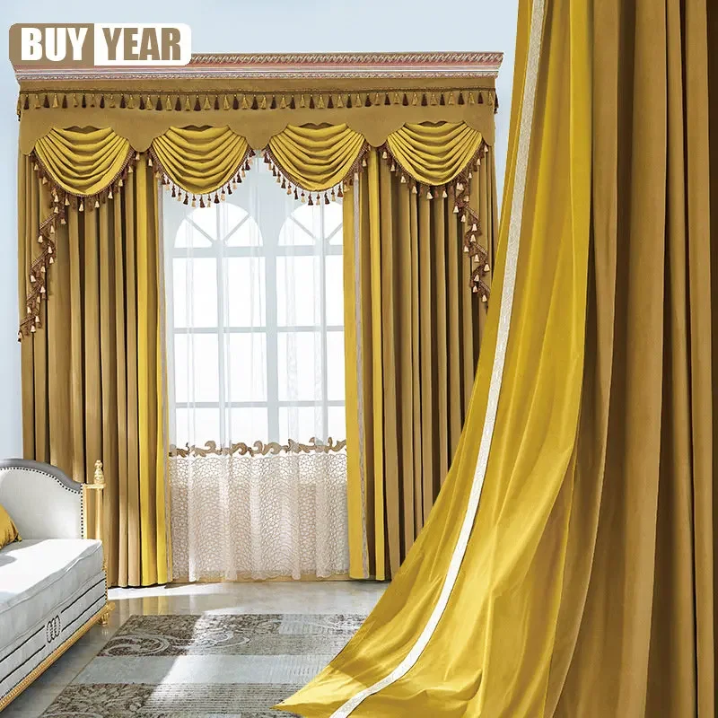 

European-style Yellow Spliced Flannelette Curtains For Living Dining Room Bedroom Thickened Blackout Curtain Valance Custom