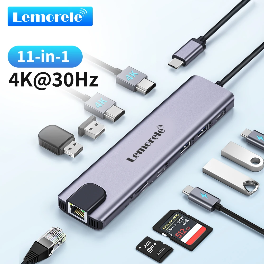 Lemorele 11 in 1 USB C HUB 4K HDMI Type C USB Adapter Port 100W PD RJ45 480Mbps SD/TF Slot Fast Data Transfer for Mac Windows