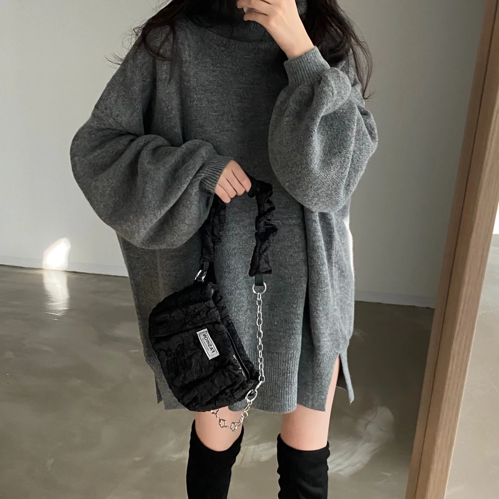 Chic Lazy Sle High Collar Warm Knitted Sweater Women's Mid-Length Pullover Top Winter 2025 Faion Polyester Fiber 00%