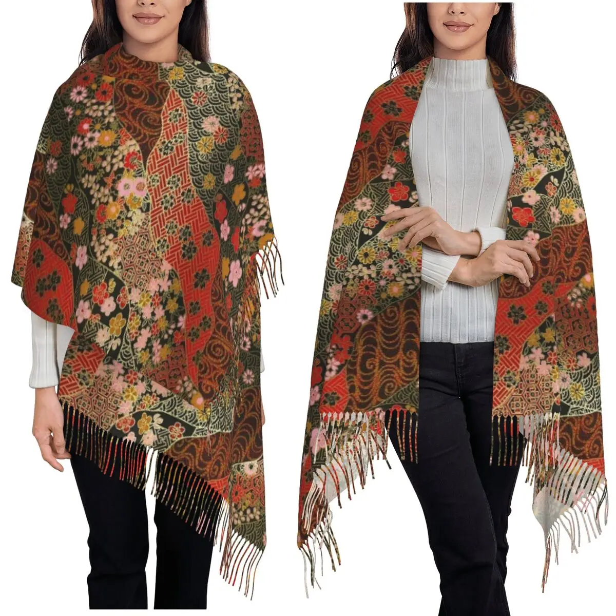 Japonês quimono padrão cachecol borla cachecóis feminino macio quente xales e envoltórios grande outono inverno xale envoltório