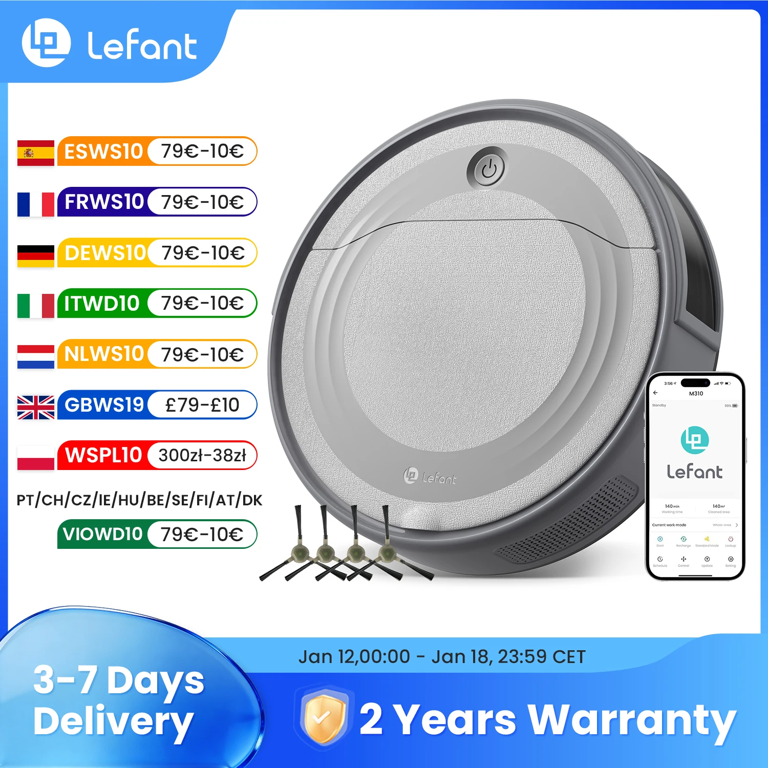 Lefant M310 Robot Vacuum Cleaner 4500PA Powerful Suction 180 Minutes,App/Alexa Control Ideal for Pet Hair and Hard Floors