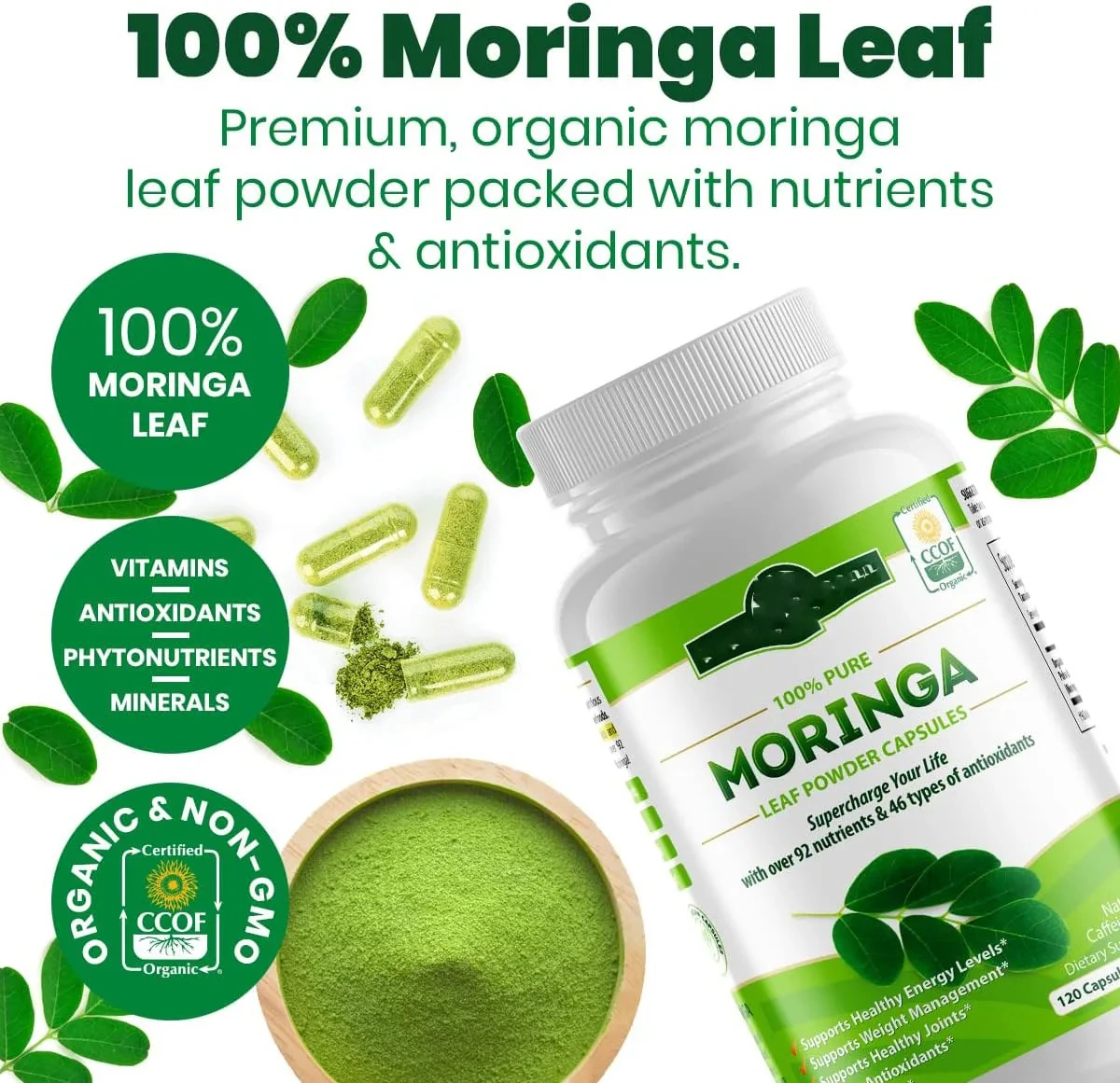 Amazon\'s best-selling Moringa capsules support healthy energy levels, weight management, healthy joints, antioxidants