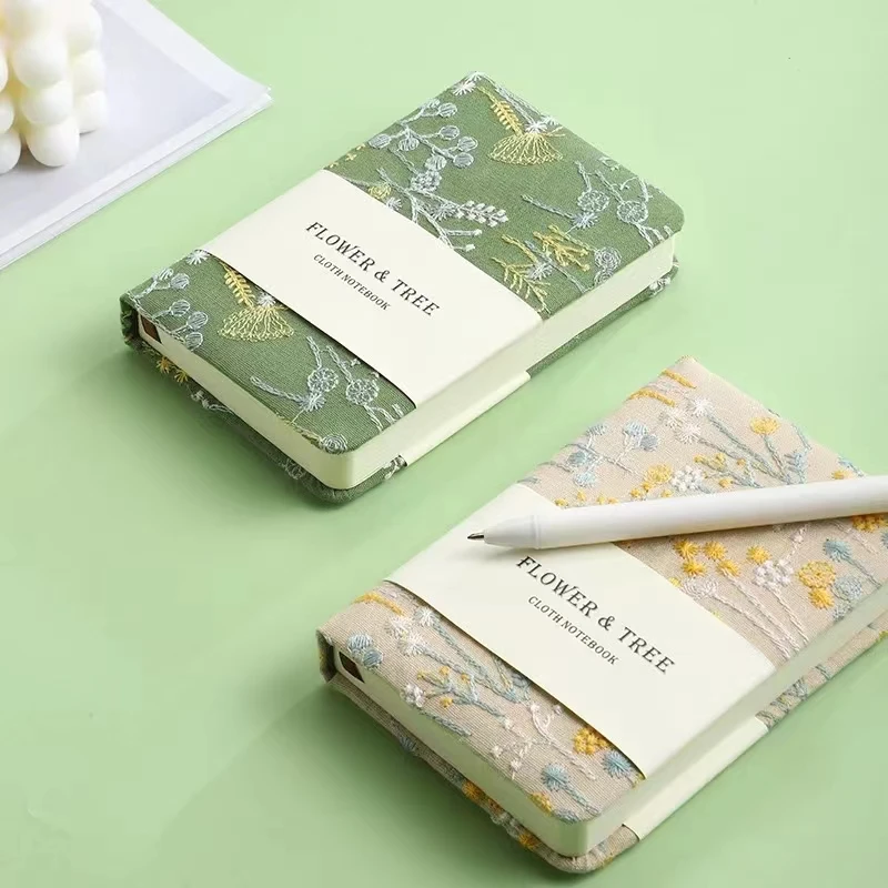 A6 Notebook Thickened Vintage Linen Flower and Tree Embroidery Cloth Face Notepad Small Portable Handbook Student Stationery