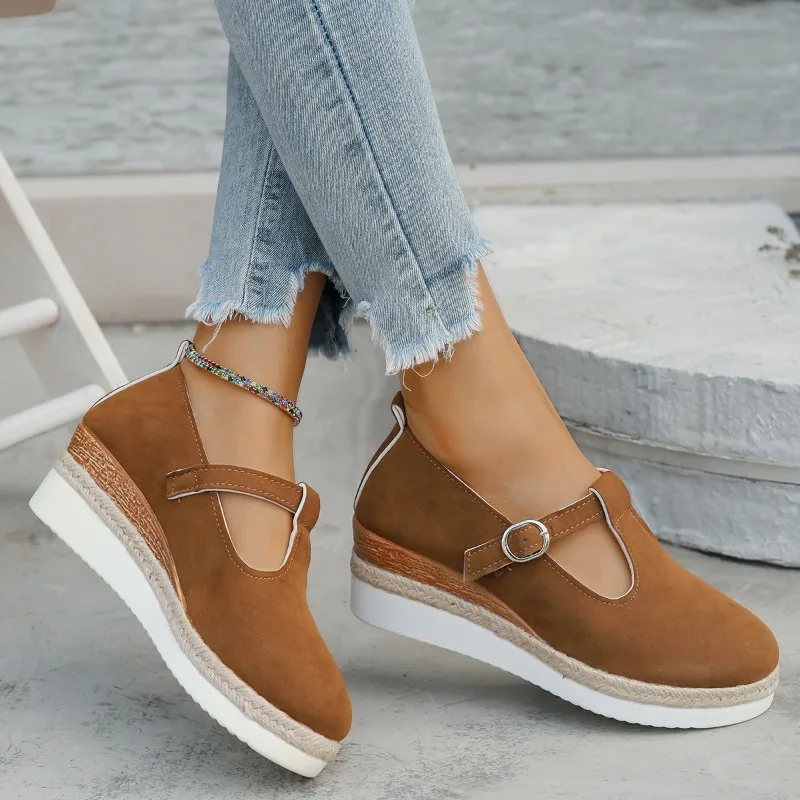 New Shallow Mouth Women's Solid Color Wedge Casual Sports Shoes Autumn Thick Sole Buckle Walking Shoes Versatile Women's Shoes image 3