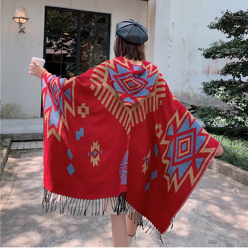 

Autumn Female Imitation Cashmere Tie Dyed Black Grey Double Sided Retro Split Shawl Scarf Women Cloak Shawl Women Ponchos Q56