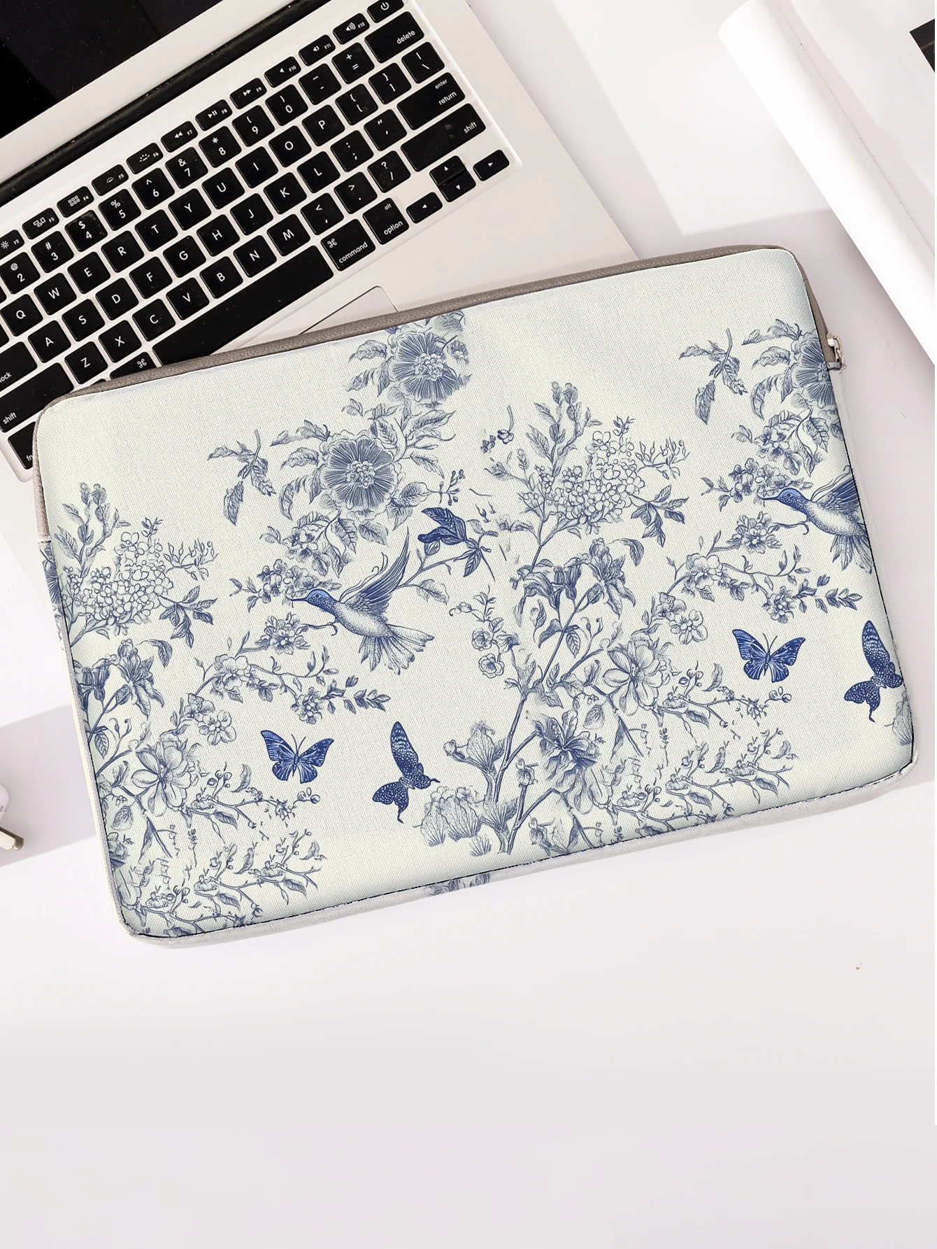 Blue Floral Bird Butterfly Print Laptop Sleeve Bag For 14 Inch Notebook Computer