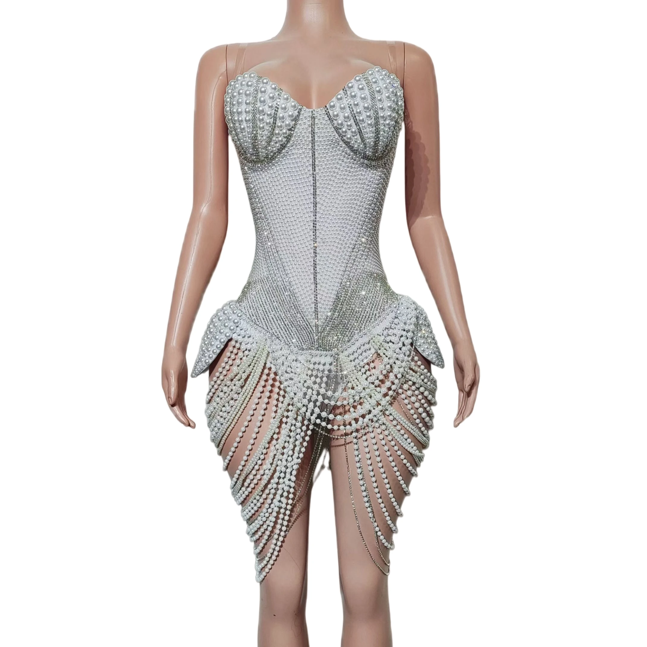 

Sparkly Rhinestone Pearl Clear Strap Bodysuit Sweetheart Neck Beaded Tassel Irregular Hem Performance Costume Stage Show Wear