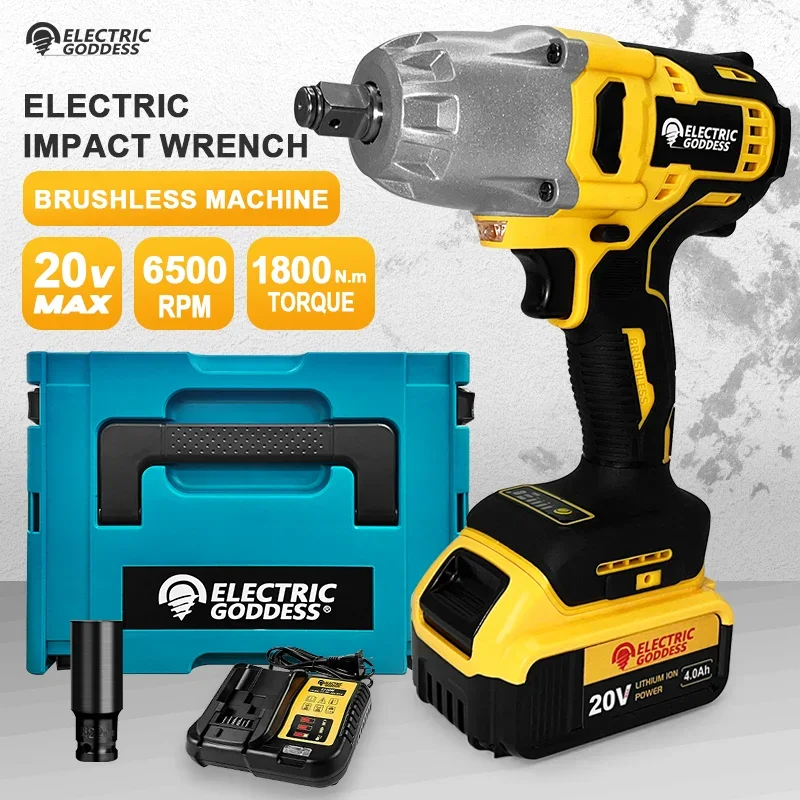 Electric Goddess Brushless 1800N.m High Power Cordless Impact Wrench Multifunctional Adjustable Speed Power Tool for DeWalt 18V