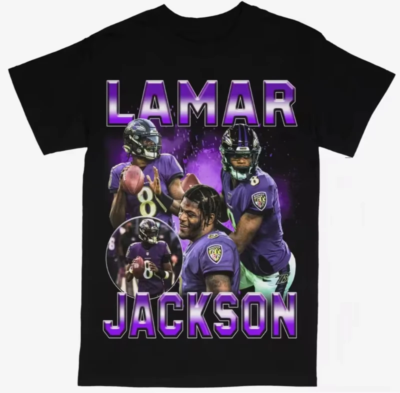 New Mens Clothing T Shirt Homme Mens T Shirt New Lamar Jackson Baltimore Ravens Graphic Rugby Player Printed T-Shirt
