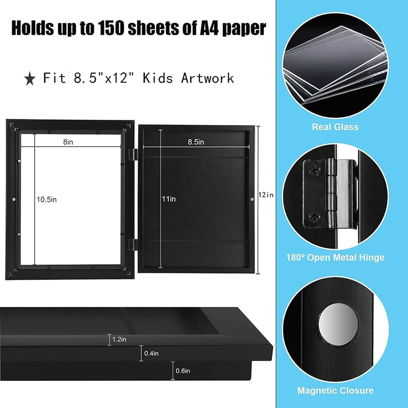 아동용 아트 프레임, 전면 개방, 아동용 아트 디스플레이 프레임, 드로잉 공예, 블랙, 2 개, 13.8x10.4 인치