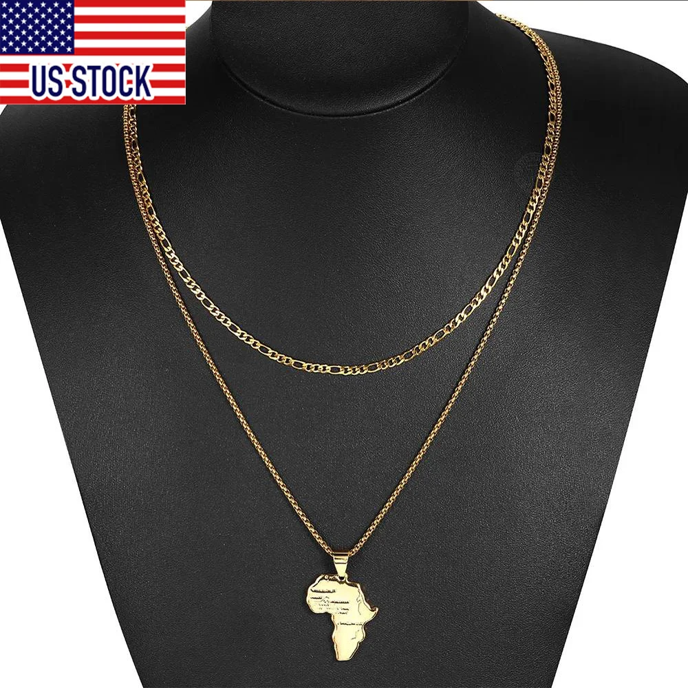 Gold Color Double Chains Africa Map Pendant for Men Women Stainless Steel Box Figaro Link Pendant Necklace Christmas Gift KN647A