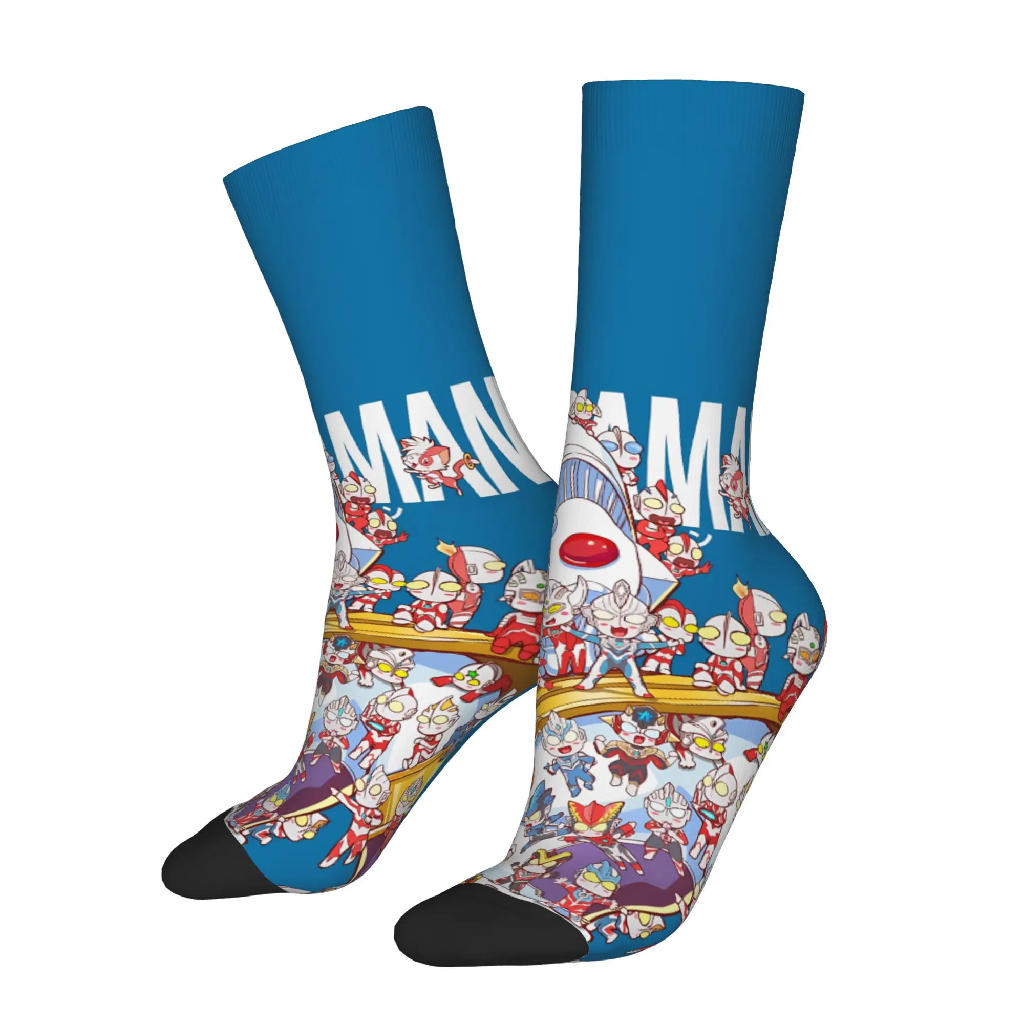 1 Pair Funny Crazy Sock for Men Blue Background All Generations Hip Hop Harajuku Ultraman Pattern Printed Sock Casual