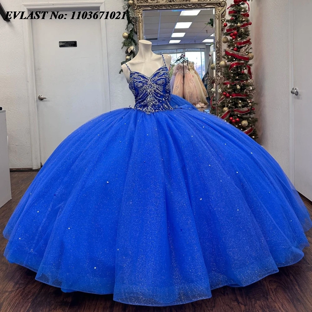 

EVLAST Luxury Royal Blue Quinnceanera Dress Ball Gown Applique Beaded Crystal Mexican Corset Sweet 16 Vestidos De 15 Anos SQ678