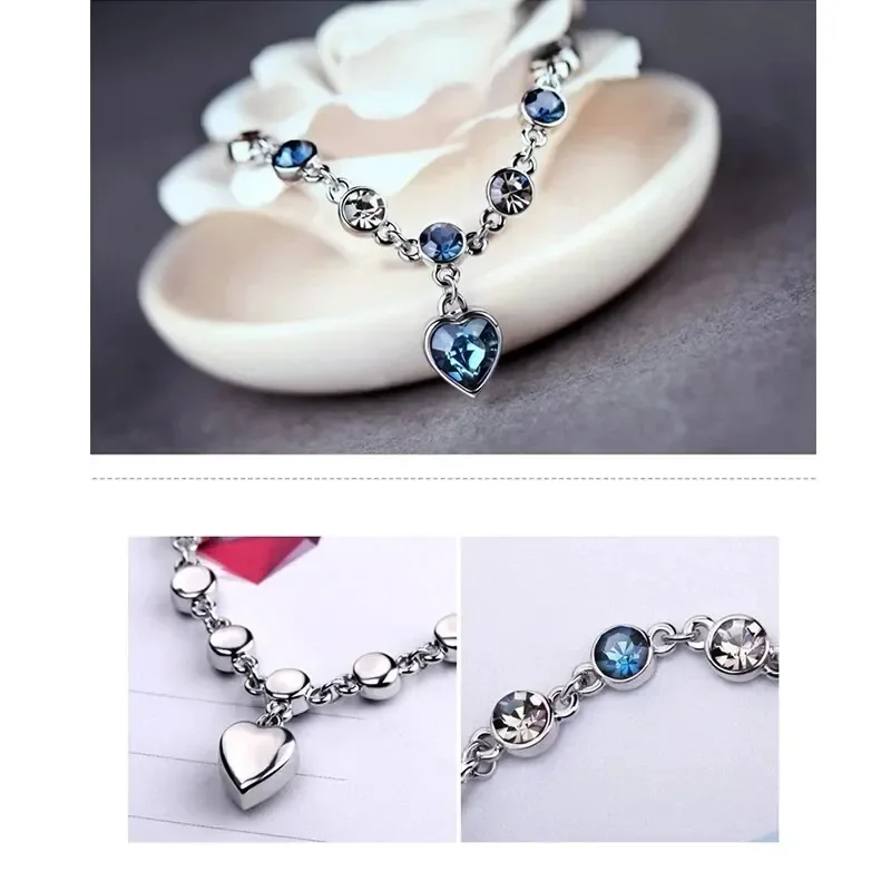 Women 925 Silver Lucky Bracelet Female Blue Crystal Heart Charm Pulseras Bracelet Bridal Wedding Engagement Fine Jewelry Gift