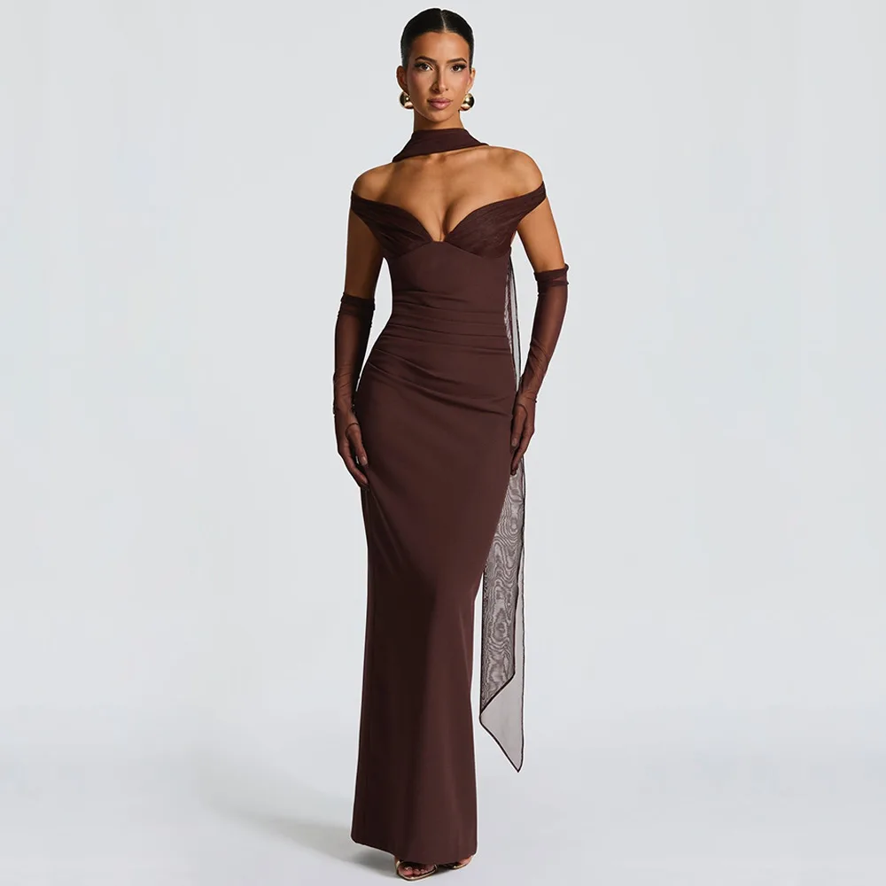 Apprabant Abito lungo da donna con scollo a V sexy con spalle scoperte Sciarpa in rete Nastro senza schienale Cut-Out Slim aderente Abito diviso Partywear