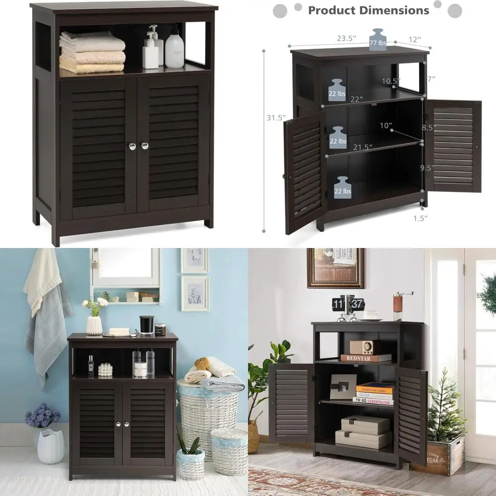 

wooden freestanding bathroom storage cabinet with double doors and adjustable shelves