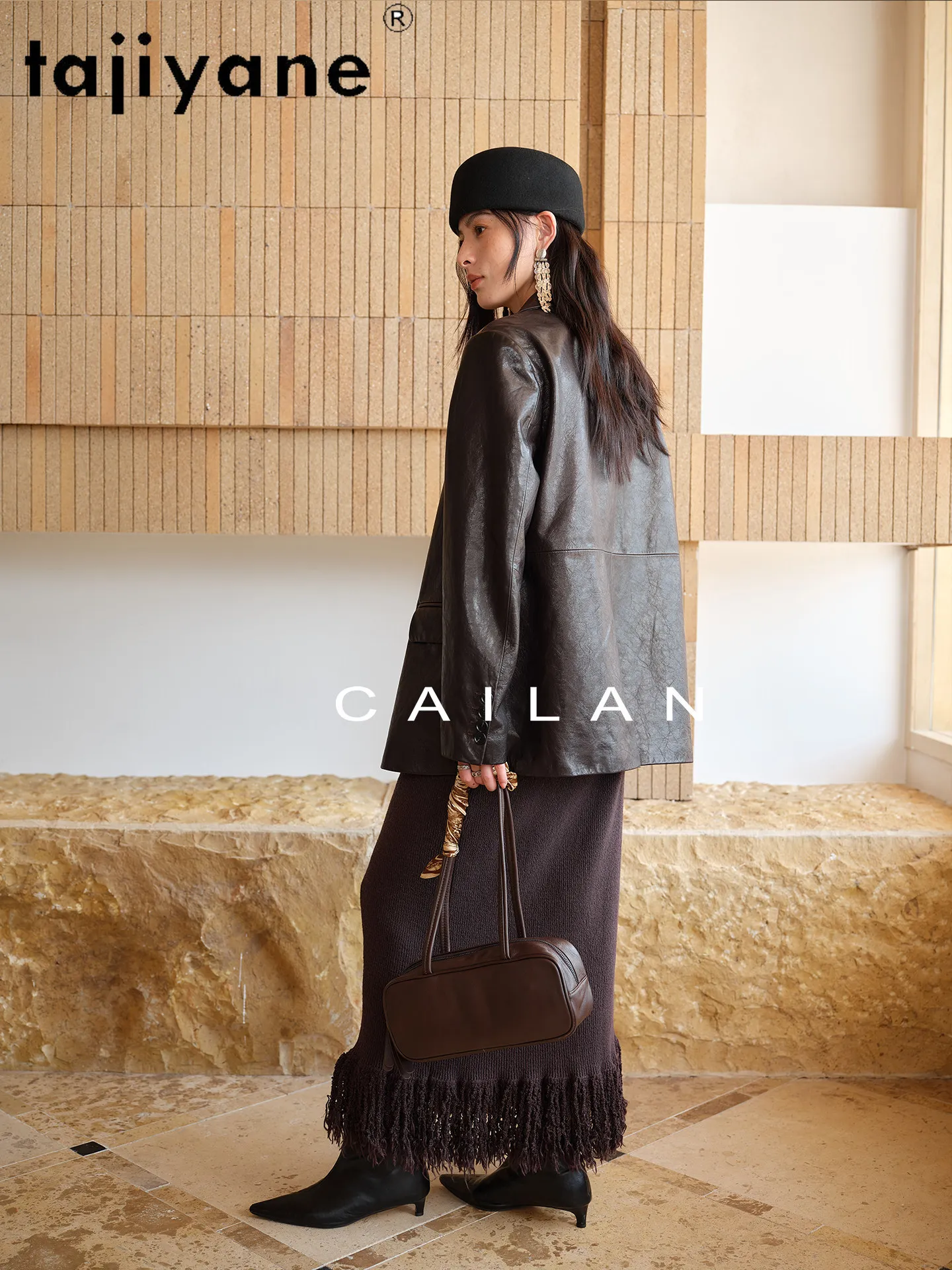 Kurtka damska TAJIYANE z prawdziwej skóry koziej, średniej długości, elegancki płaszcz, wysokiej jakości kurtki ze skóry naturalnej, odzież damska na jesień 2026, nowa kolekcja.