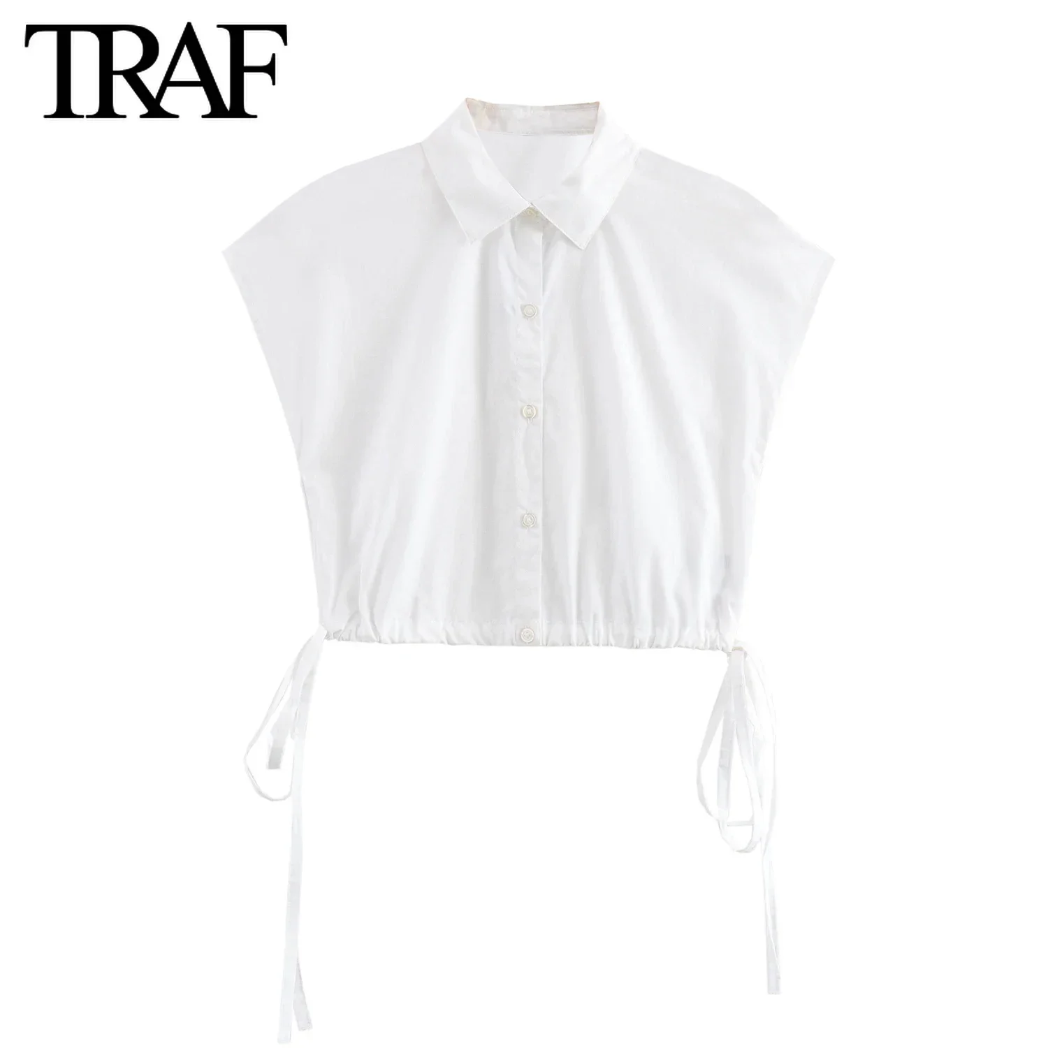 TRAF Women Fashion Summer New Sleeveless Single-breasted Lapel Lace-up Design Short Blouse Street Clothing Shirt Chic Ladies Top