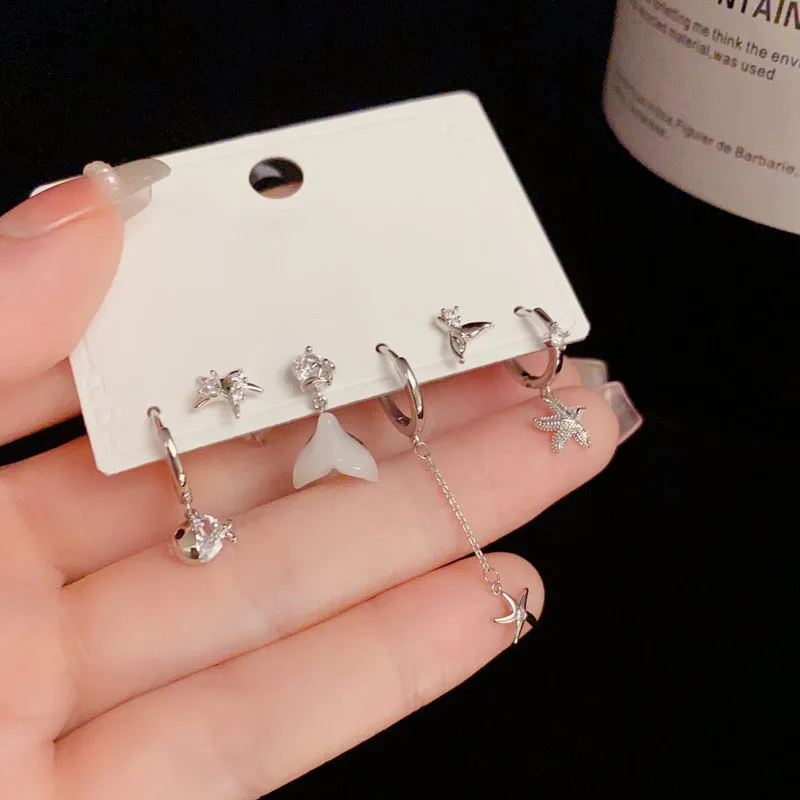

6 Pieces/Set 925 Silver Shell Starfish Tassel Pendant Earrings for Women Classic Fine Jewelry Zircon Ocean Beach Wedding Summer