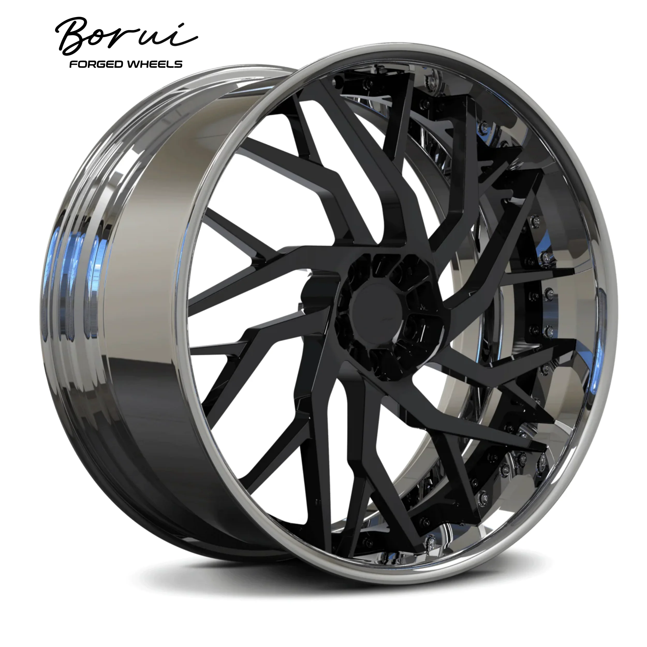 عجلة Borui المزورة مكونة من قطعتين من سبائك الألومنيوم الرياضية الخفيفة باللون الأسود مقاس 18-24 بوصة عجلات سيارة ذات شفة عميقة وحالة جديدة