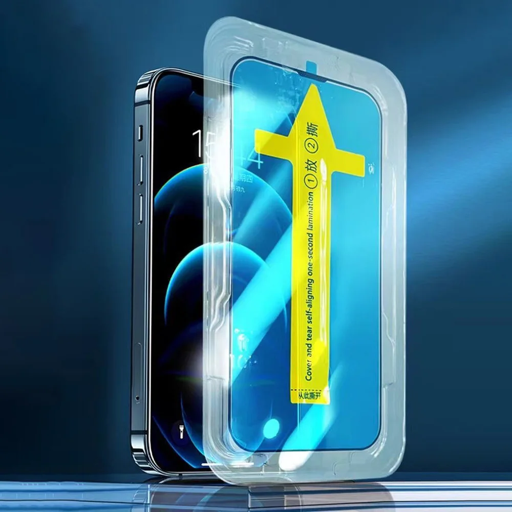 1-2PCS One-click Dust free Installation HD Screen Protector For iPhone 14 13 12 11 15 16 Pro Max Mini X XR XS MAX 7 8 Plus Glass image 3