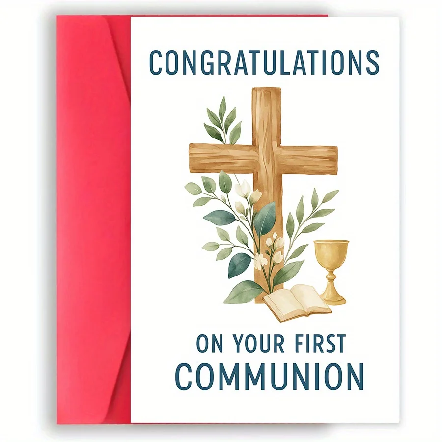 1 tarjeta de felicitación divertida para la Primera Comunión, con motivos de cruz, copa y libros: ideal para celebraciones religiosas y para regalar.