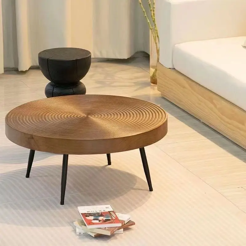 Nordic creative log solid wood combination coffee table, household small apartment round low table