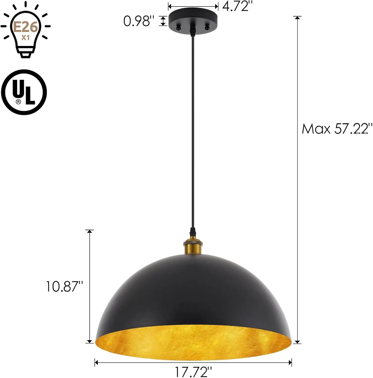 Lámpara colgante Industrial grande de 18 pulgadas con sombra de hoja dorada, accesorios de iluminación de cúpula ajustables, candelabro moderno para comedor