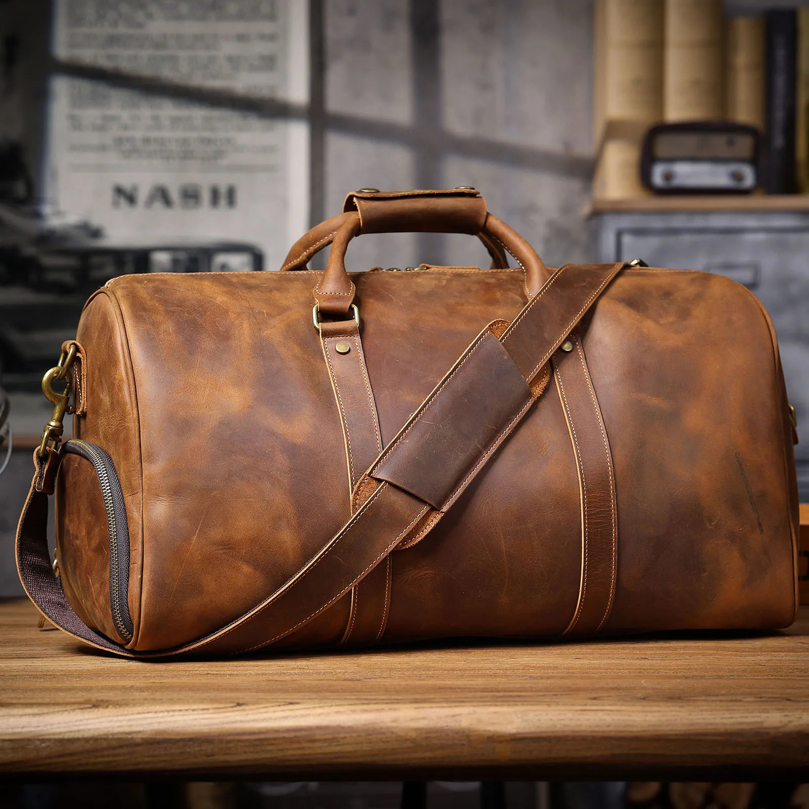 S.WORKER Vintage Vollnarbenleder Herren-Reisetasche Handgefertigte Weekender-Reisetasche – Detail 15
