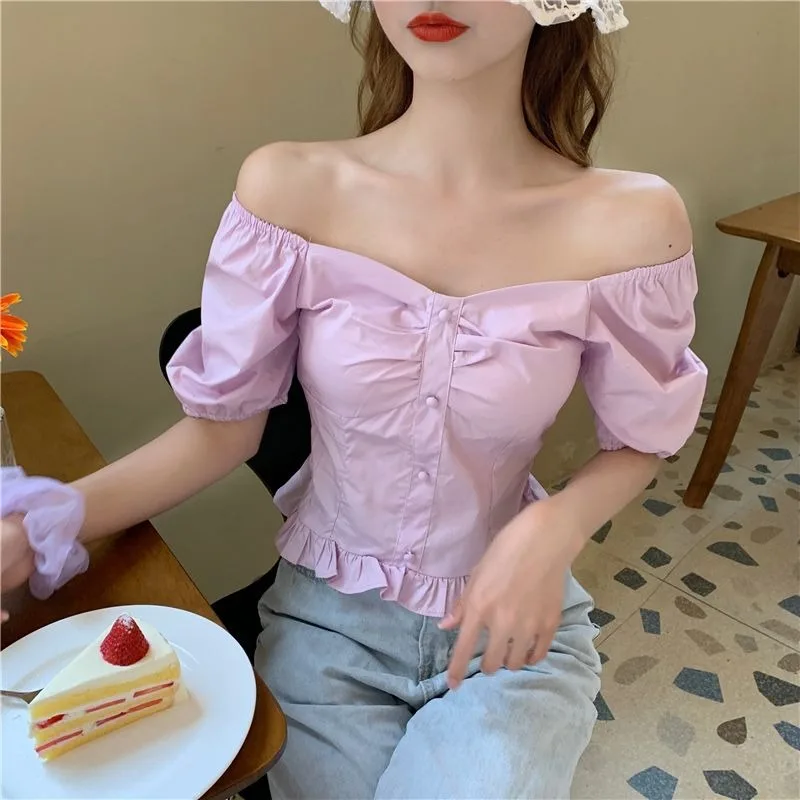 Solid Short Sleeve Shirts Women Summer Retro Fungus Side Cropped Puff Sleeve Casual Daily All-match Korean Style High Street