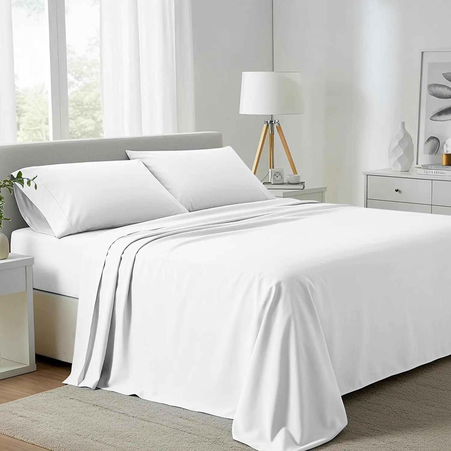 

800 Series Tulips Collection 100% Egyptian Cotton Queen Sheet Set - 6 Piece, Crisp White, 16" Deep Pocket, Sateen Weave Luxury Hotel Bed Sheets