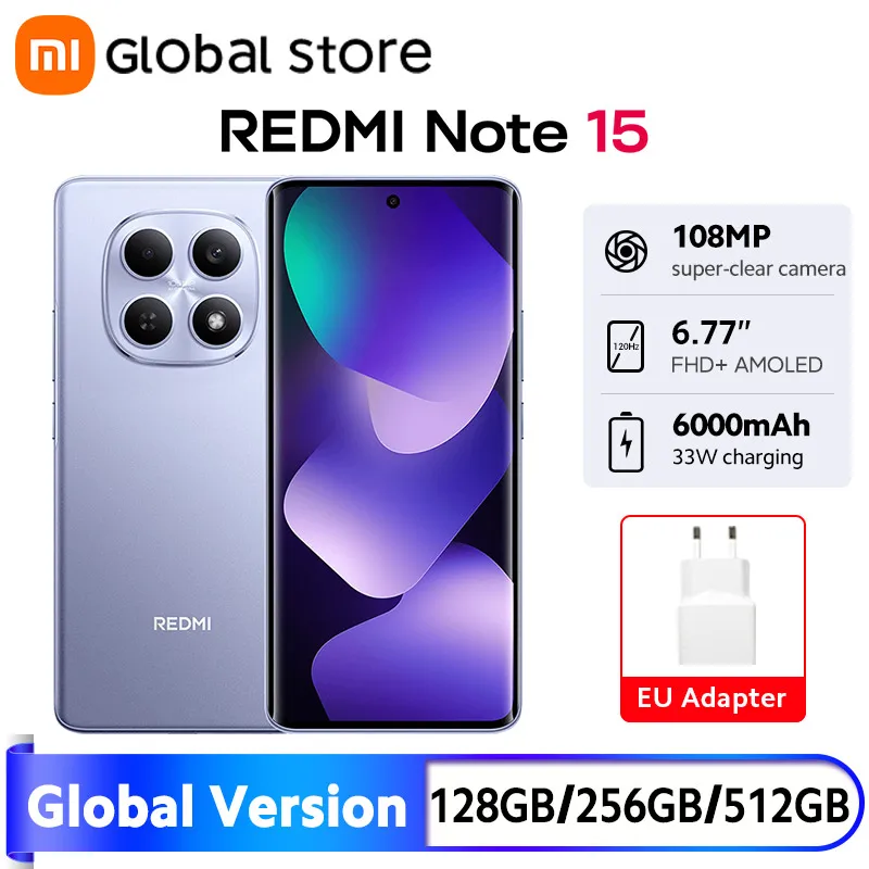 Versão Global Xiaomi Redmi Note 15 Smartphone 4G Câmera de 108MP 6.77" AMOLED MTK Helio G100-Ultra 128GB / 256GB ROM 33W 6000mAh