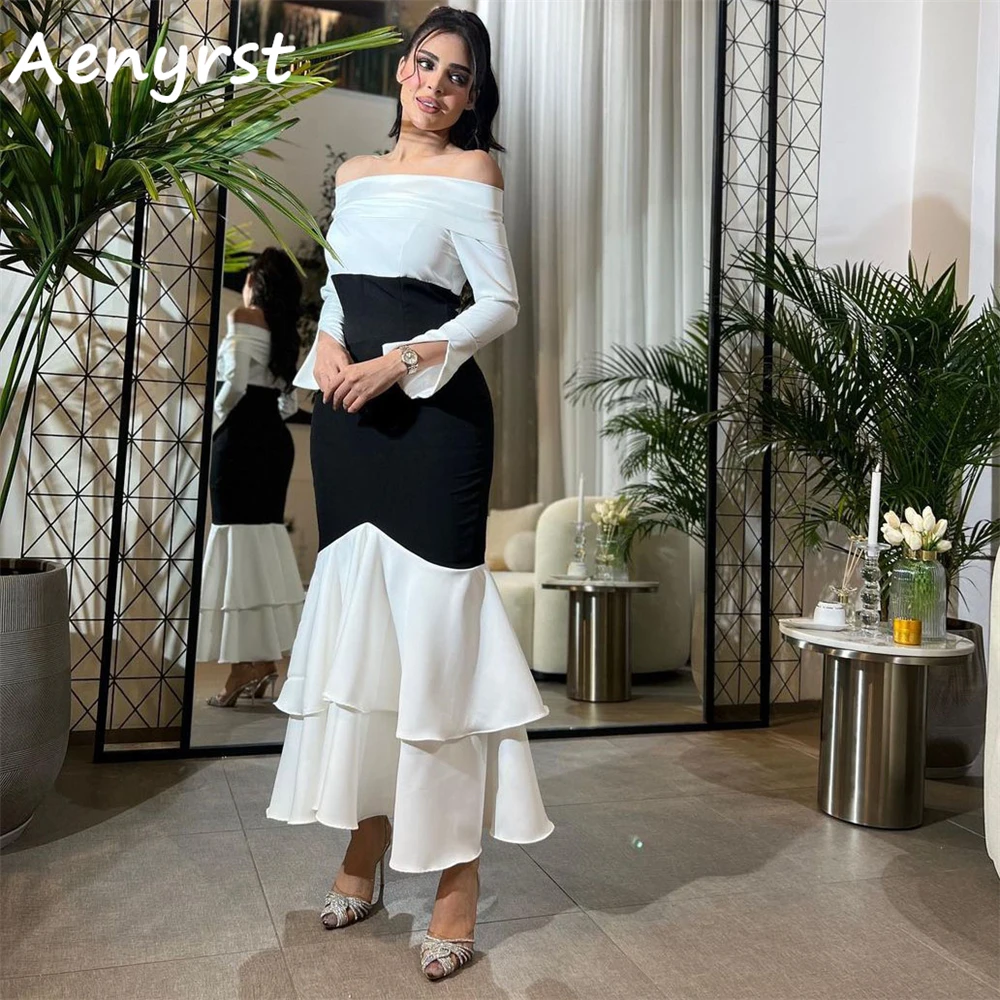 Aenyrst Contrast Color Off The Shoulder Prom Dresses Satin Mermaid Tiered Evening Gown Ankle Length Formal Party Dress For Women