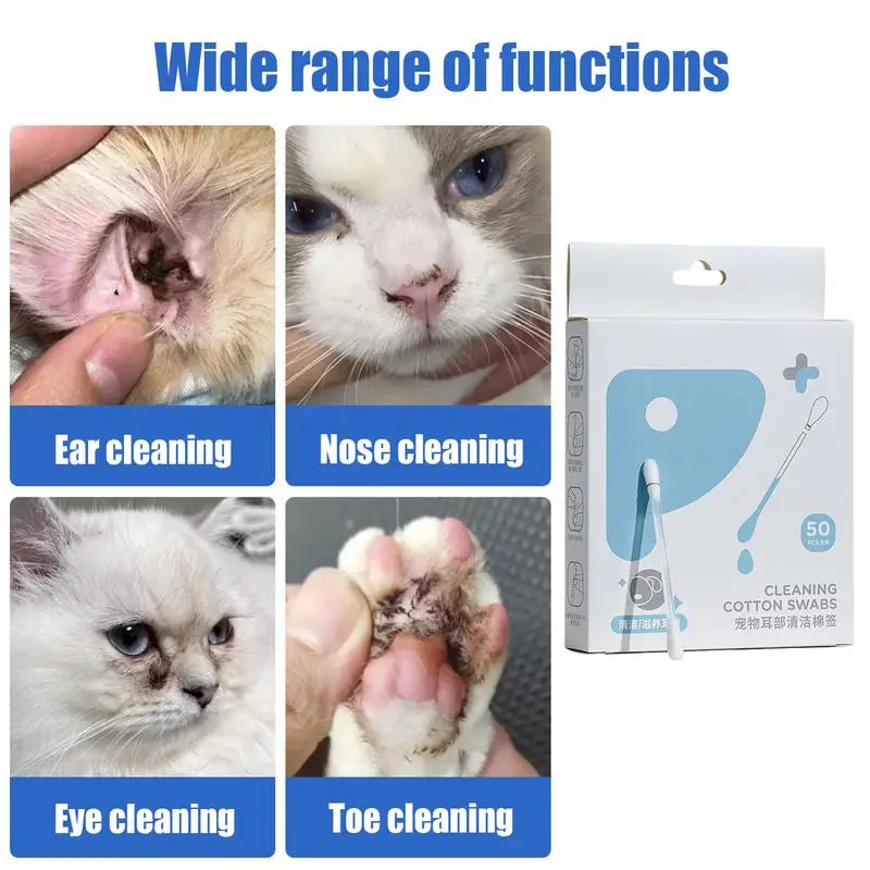 Pet Ear Cleaning Swabs Cat & Dog Ear 2-in-1 Cleaner Cotton Swabs Multipurpose Pet Cotton Swabs 50PCS Portable Ear Cleaning