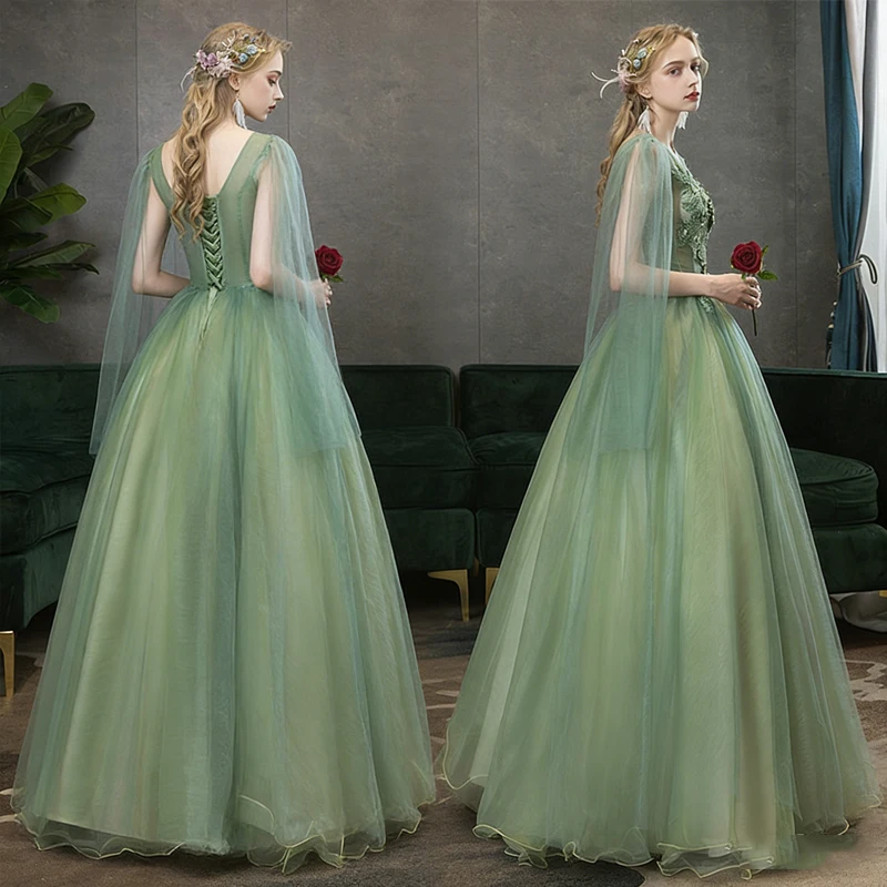 Nowa, baśniowa, zielona tiulowa suknia wieczorowa dla kobiet, z odkrytymi ramionami, aplikacjami i peleryną, tiulowa suknia balowa, sukienka na przyjęcie urodzinowe, vestidos.