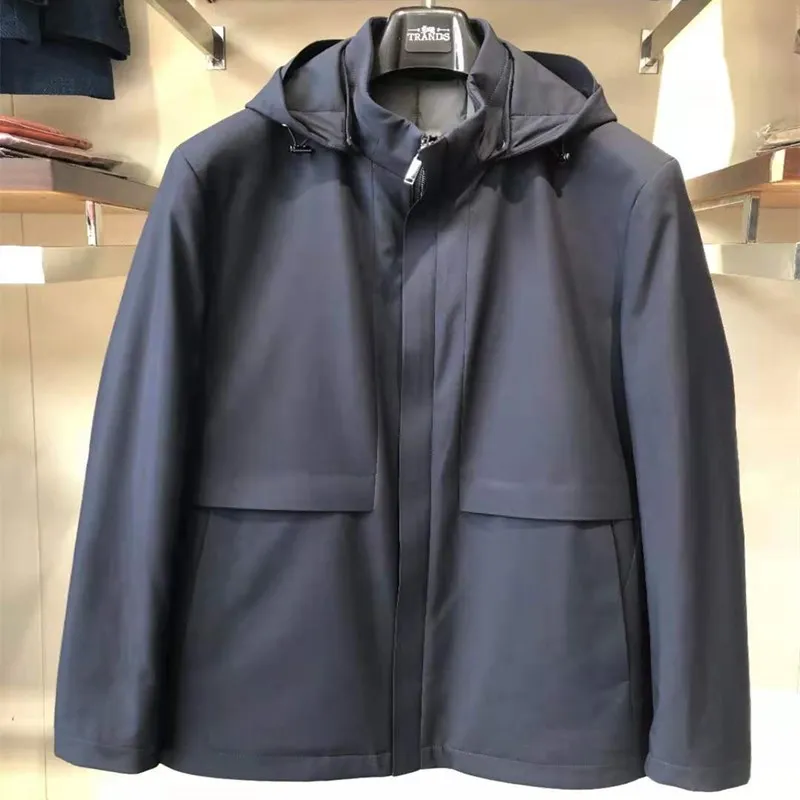 

Men's Casual Cotton Jacket TRANDS Brand Blue Color Hooded Business Casual Outerwear Polyester Fiber Youth Fashion City