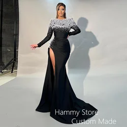 Luxury White Pearls Black Evening Dress Round Neck Long Sleeves High Slit Pageant Party Gown Sweep Train Mermaid Prom Dresses