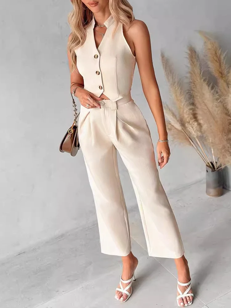 Women\'s Elegant Buttoned Vest Top & Straight Pants Set Female Casual Clothes Temperament Summer Women Fashion Sets Lady Office